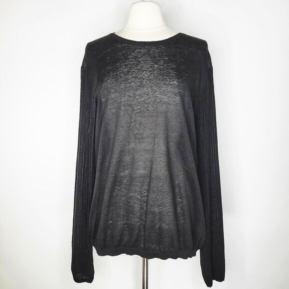 JOHN VARVATOS Black Linen Open Knit Sweater Size L Crewneck Ribbed Arms - Picture 9 of 11